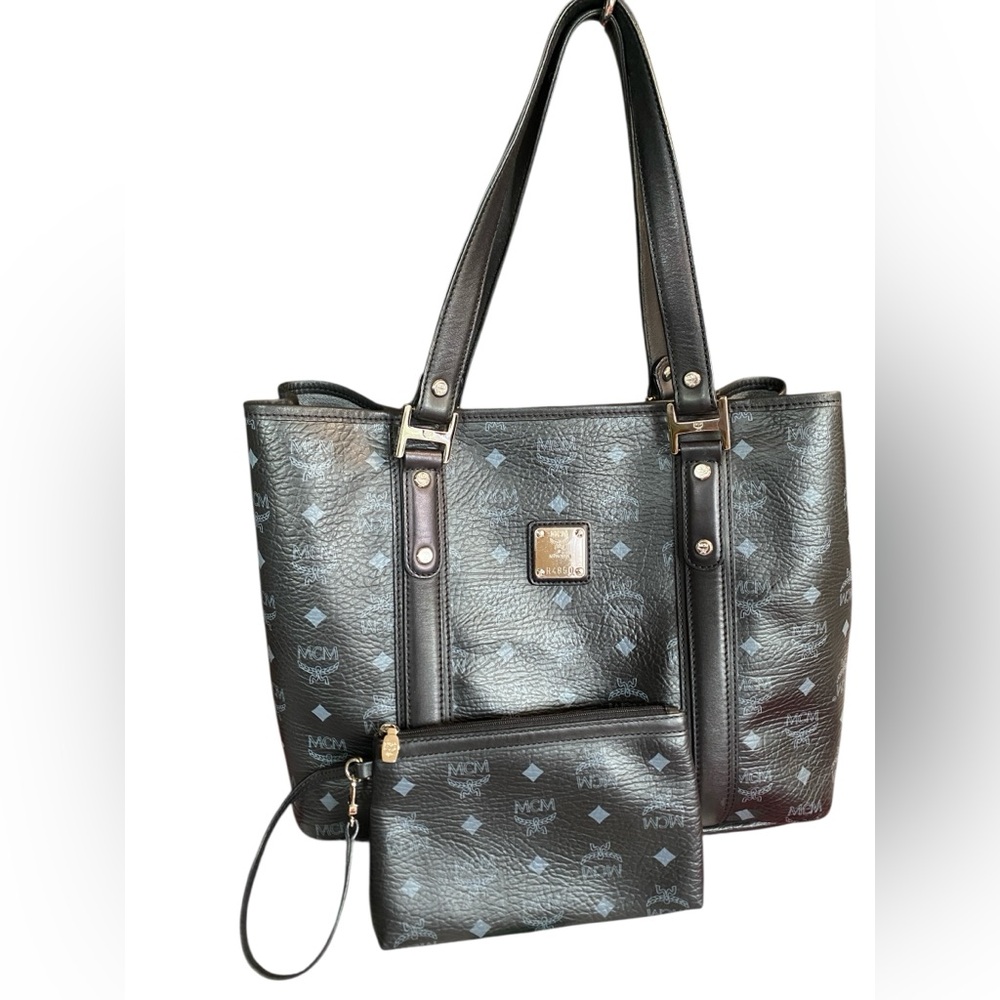 MCM Black and Gray Leather Tote with Pouch